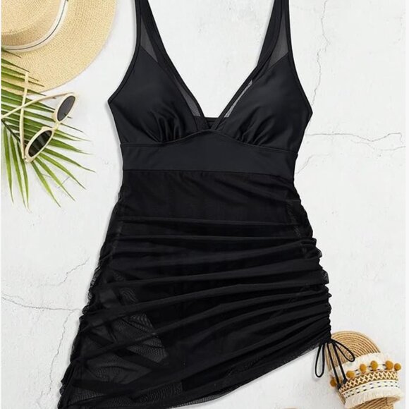 Women's Mesh One Piece Swim Dress Swimsuit Tummy Control Bathing Suit (Black) - Picture 1 of 6
